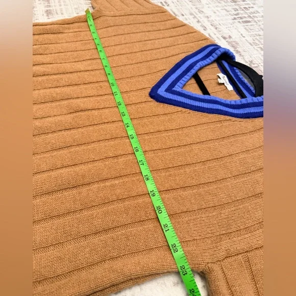 Madewell Camel Tan Ribbed V Neck Sweater Blue Stripe Trim Varsity Size S - Picture 8 of 12